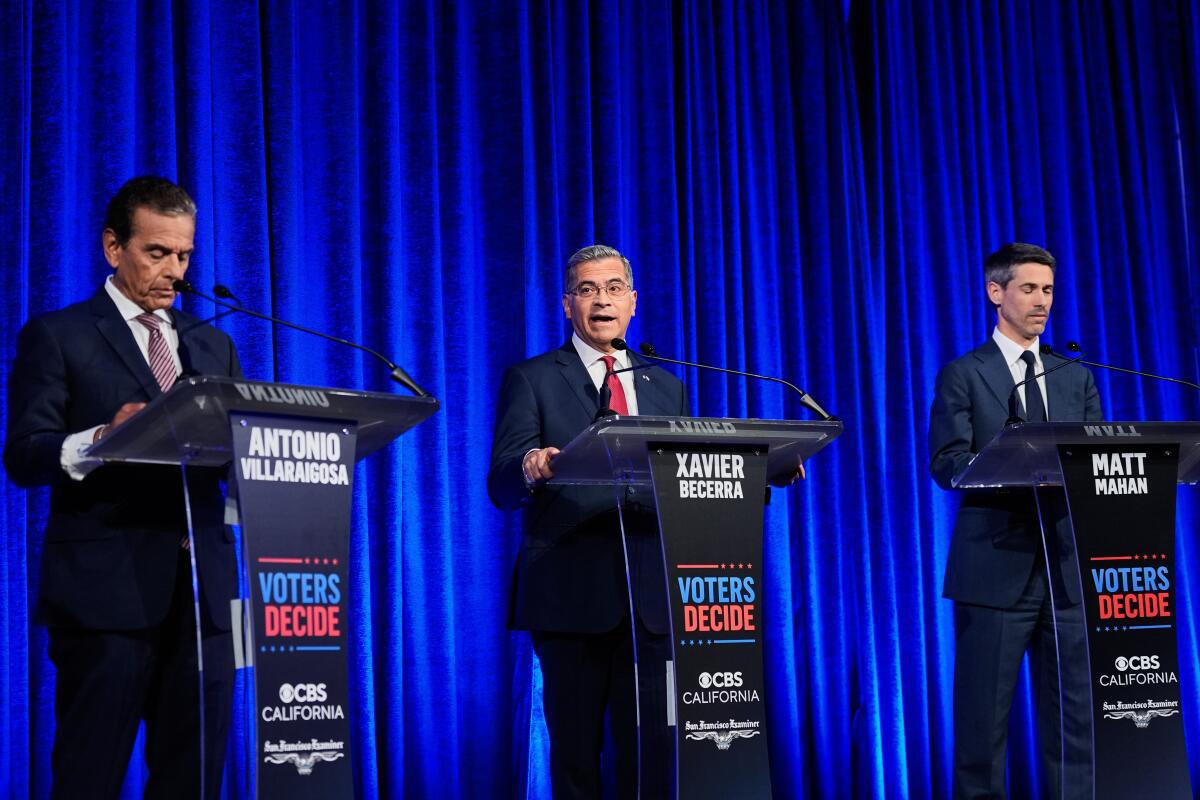 Xavier Becerra, center, speaks during a California gubernatorial debate in San Francisco on Thursday.