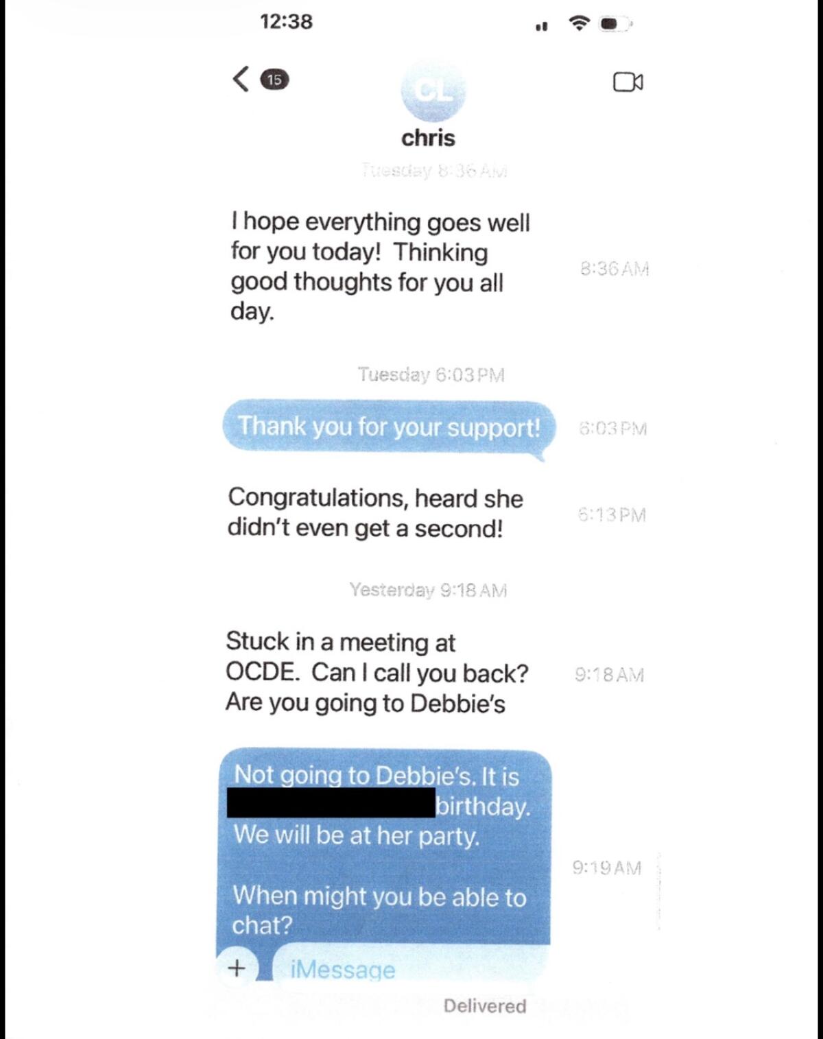Text message sent to Jim Vanderpool by "Chris."