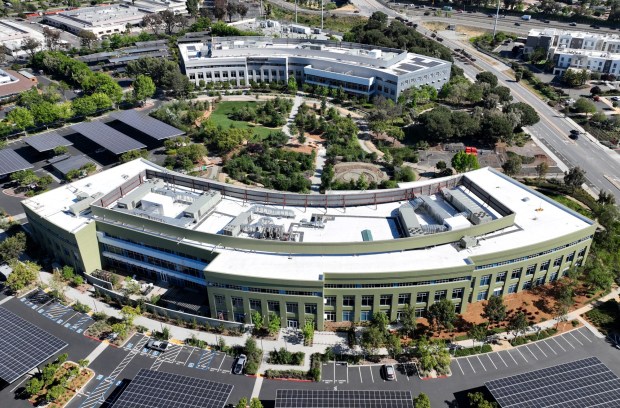 A drone view of the Google San Jose Meadow Point Buildings 7 and 8 in San Jose, Calif., on Wednesday, April 8, 2026. (Jane Tyska/Bay Area News Group)