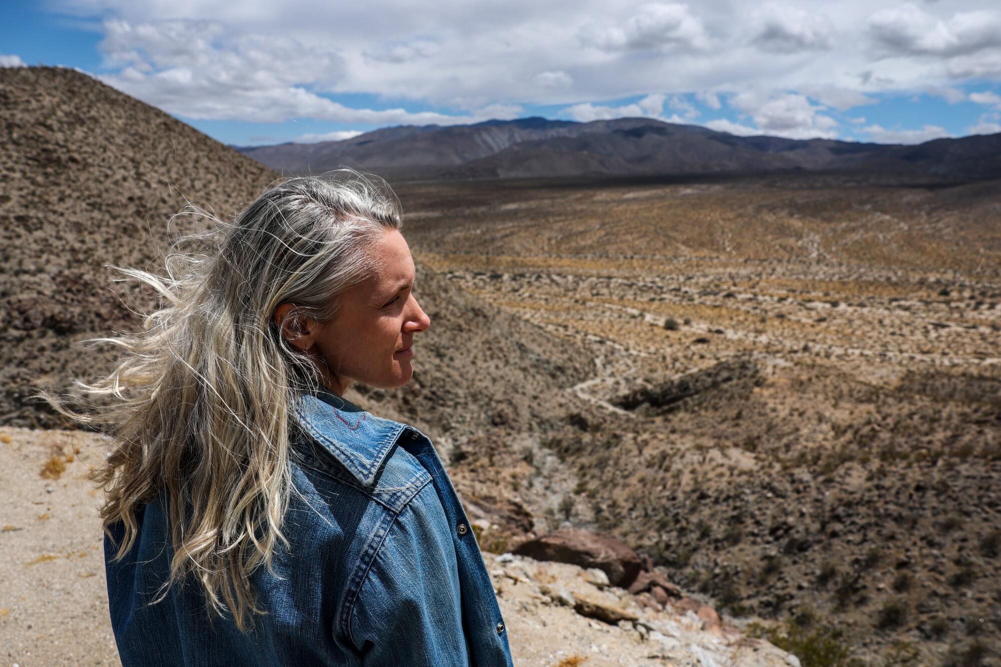 A woman with her hair blowing in the wind looks in front of a wash.