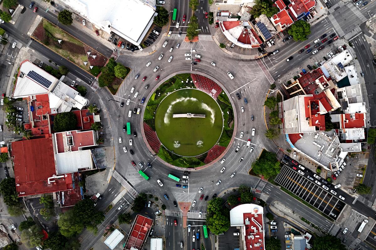 An aerial view of La Minerva roundabout fountain in Guadalajara
