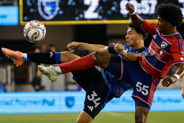 Dallas FC's Kaick (55) and San Jose Earthquakes' Beau Leroux (34) kick the ball in the second half at PayPal Park in San Jose, Calif., on Saturday, May 16, 2026.  (Shae Hammond/Bay Area News Group)