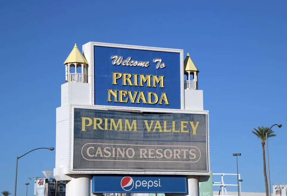 General overall view of Welcome to Primm, Nevada sign at the Prom Valley Casino Resorts. AP