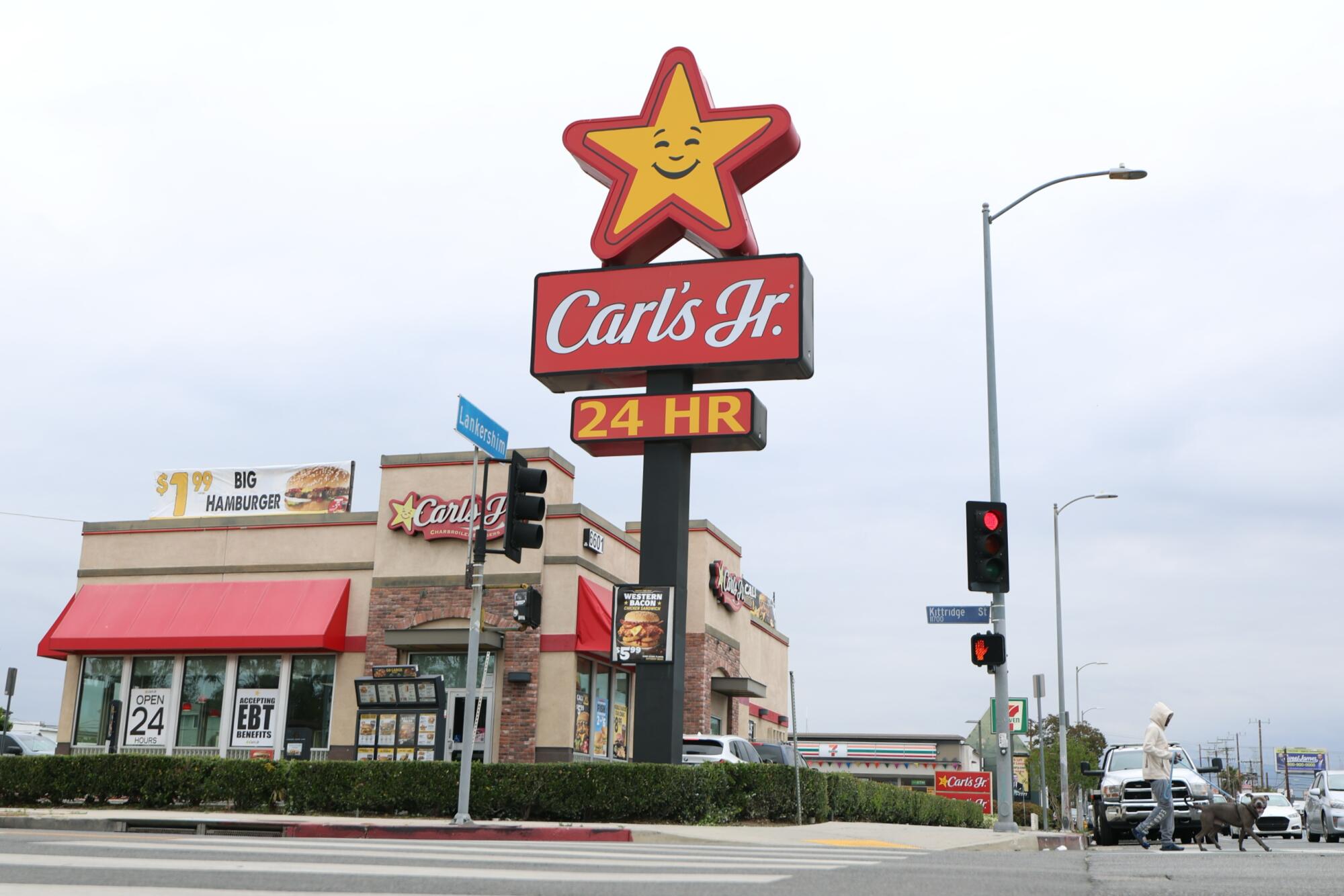 A Carl's Jr. on a corner in North Hollywood.