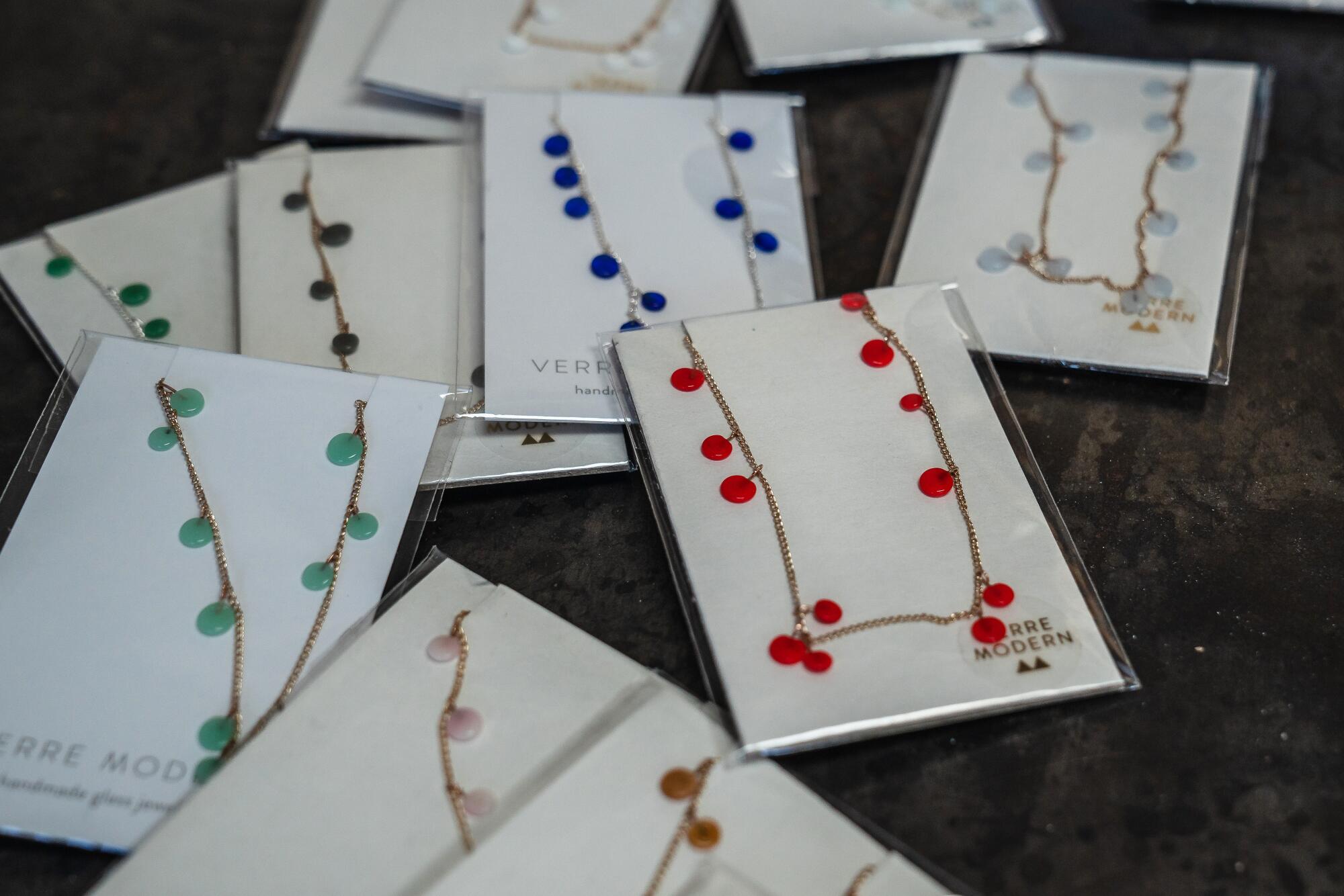 Glass necklaces in Julie Burton's work studio.
