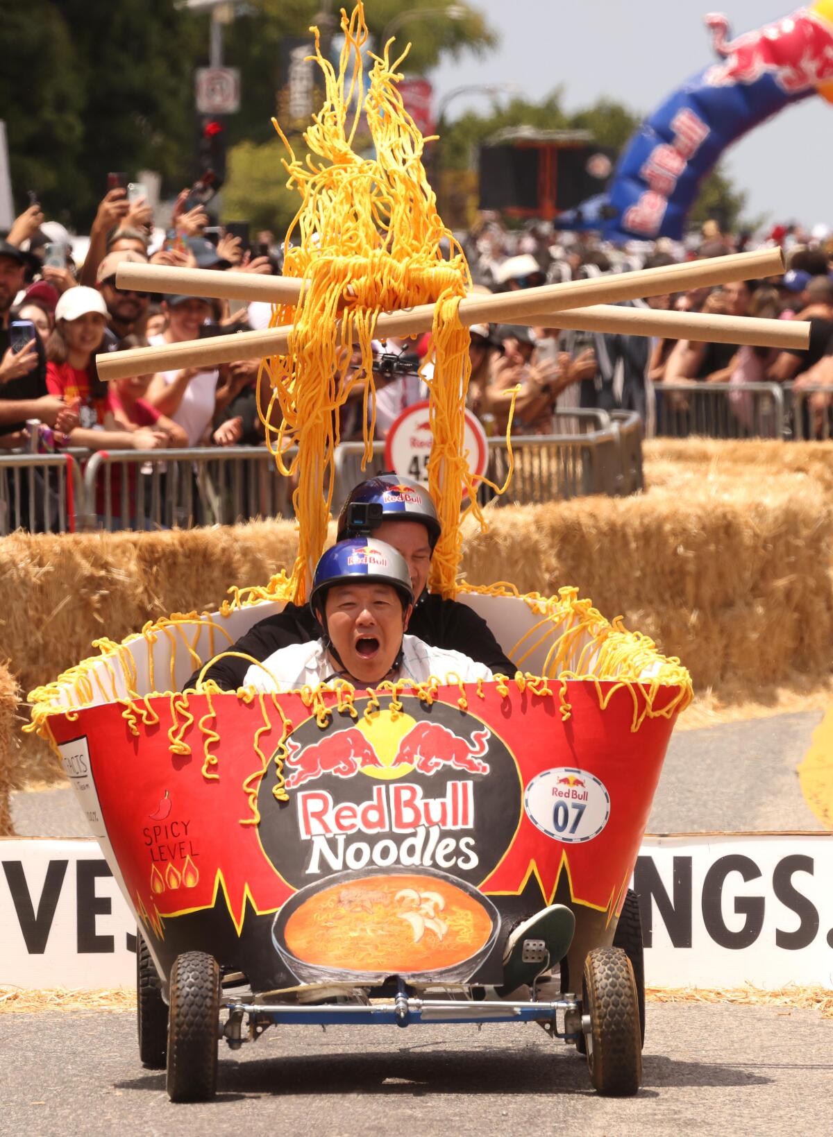 A cart flies down 1st street in L.A. while competing in a race 