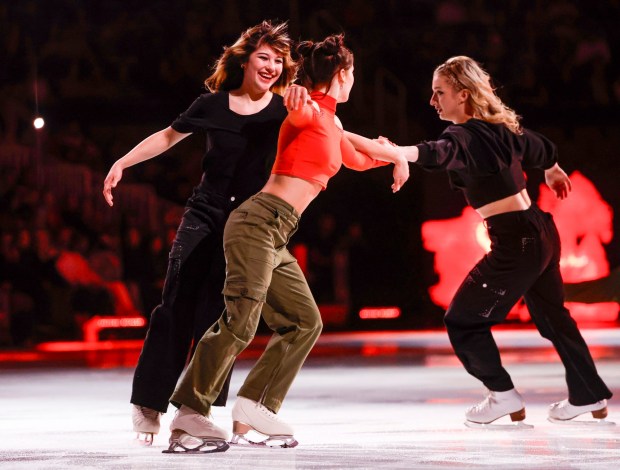 (Left to right) Alysa Liu, Isabeau Levito, and Amber Glenn skate in a circle together during the 2026 Stars on Ice tour at SAP Center in San Jose, Calif., on Sunday, May 17, 2026. (Shae Hammond/Bay Area News Group)