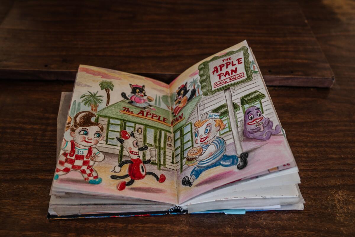Los Angeles, CA. May 8, 2026 - Gary Baseman colored penciled drawings at Johnie's Coffee Shop  