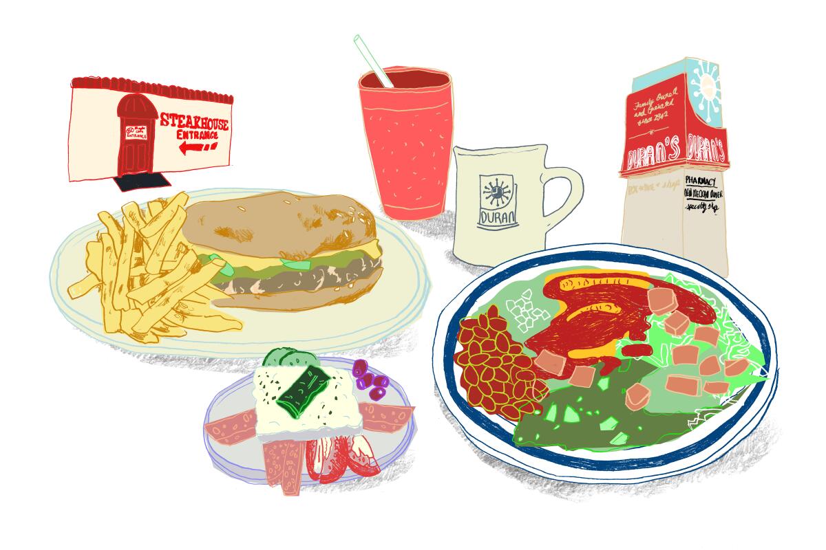 Illustration of food from Monte Carlo Steakhouse and Duran Central Pharmacy in Albuquerque, N.M.