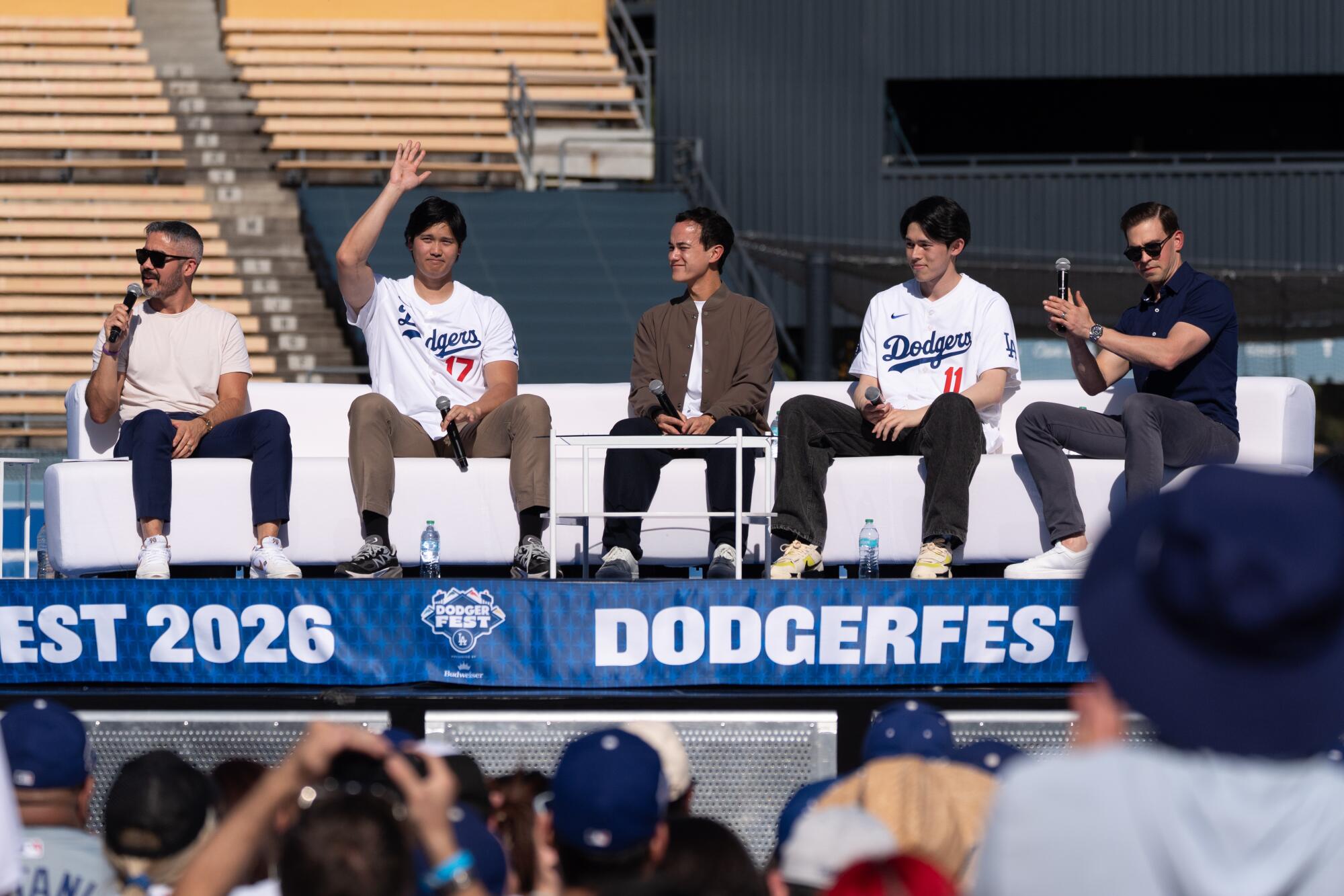 Stephen Nelson, Shohei Ohtani, Will Ireton, Roki Sasaki and Joe Davis address fans during Dodger Fest.