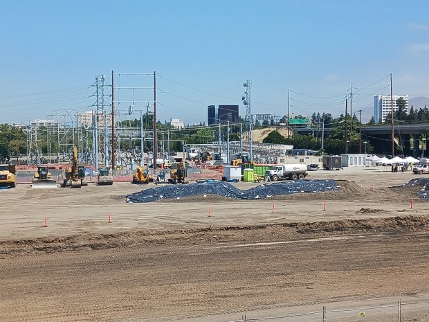 Development site of an LS Power electricity hub at 200 Ryland Street in downtown San Jose in the foreground, with PG&E Substation B in the background, as seen on May 20, 2026.(George Avalos/Bay Area News Group)