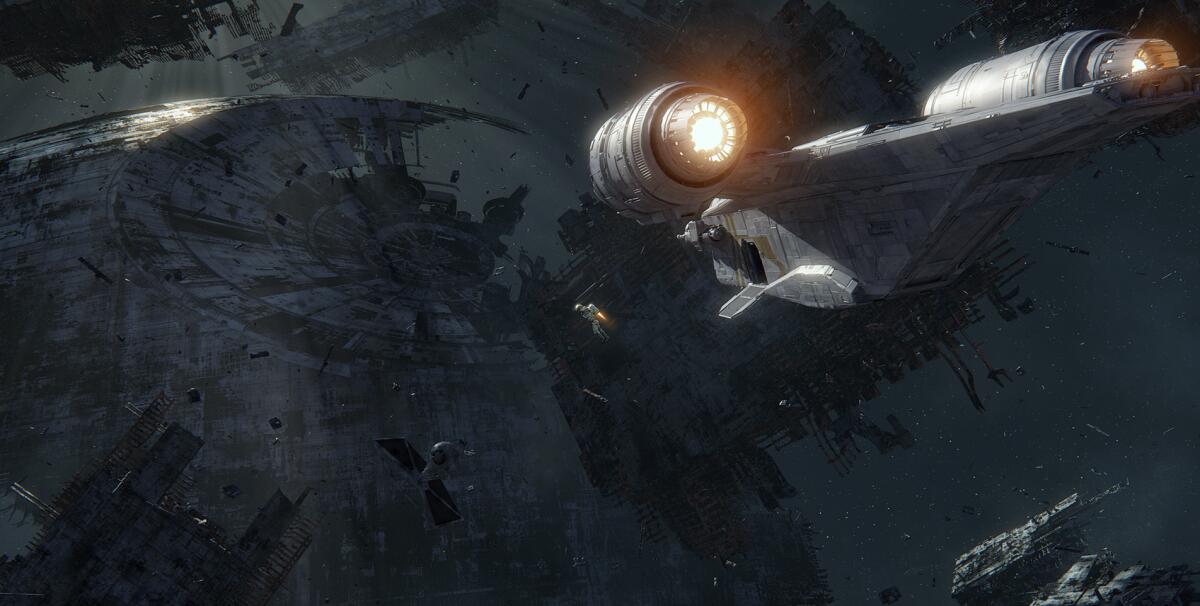Concept art of the Death Star wreckage above Endor, one of the new locales of Millennium Falcon: Smugglers Run.