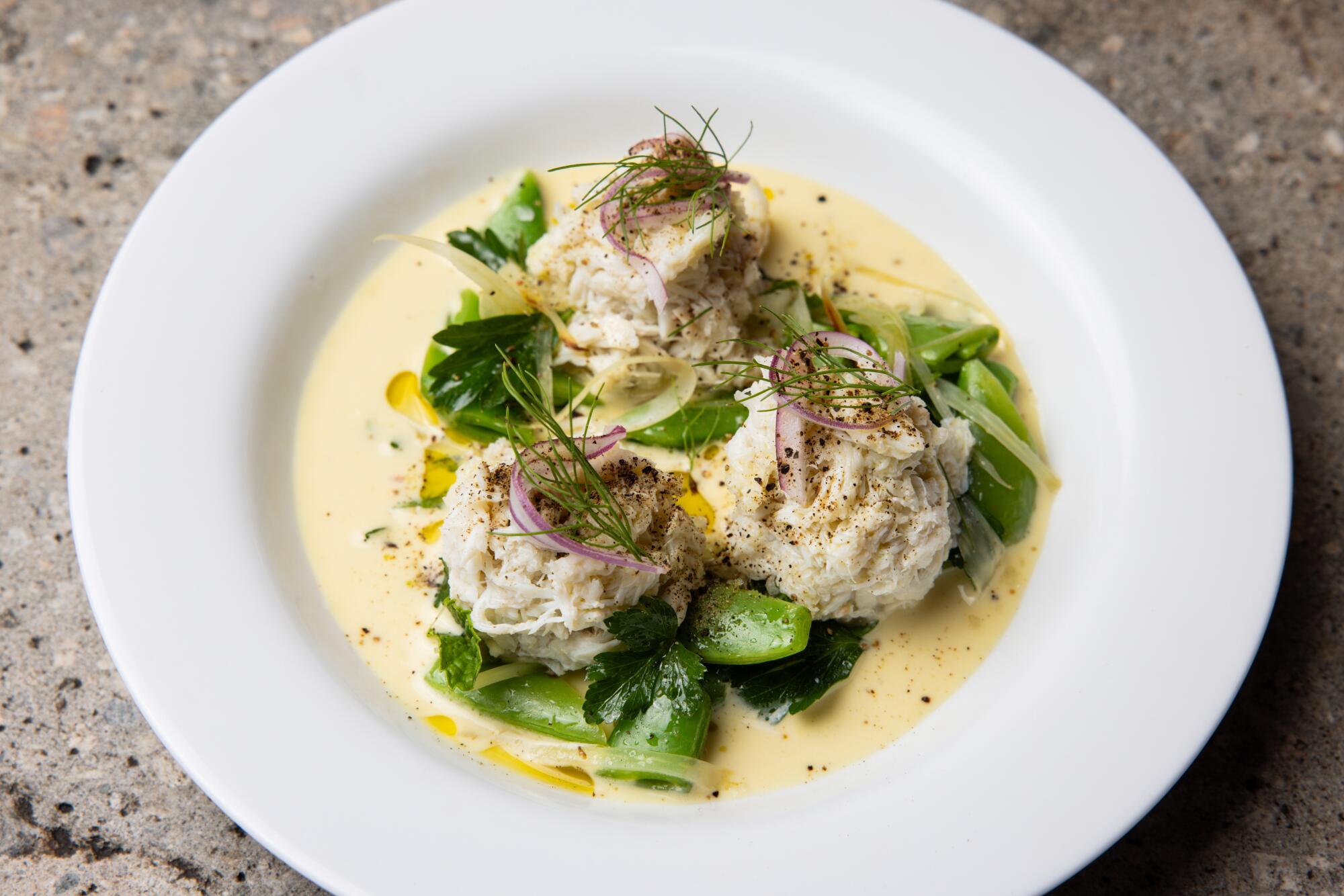 The dressed crab and snap peas at Wilde's in Los Angeles.