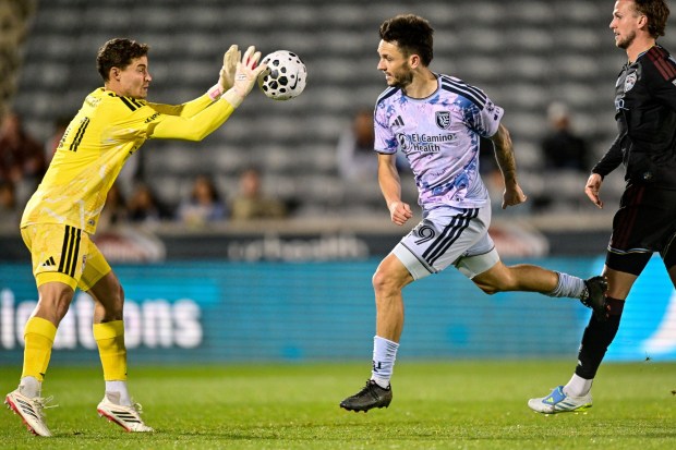 Nico Hansen #41 of the Colorado Rapids makes a save against Preston Judd #19 of the San Jose Earthquakes in the first half of their 2026 Lamar Hunt U.S. Open Cup quarterfinals match at Dick's Sporting Goods Park on May 20, 2026 in Commerce City, Colorado. (Photo by Dustin Bradford/Getty Images)