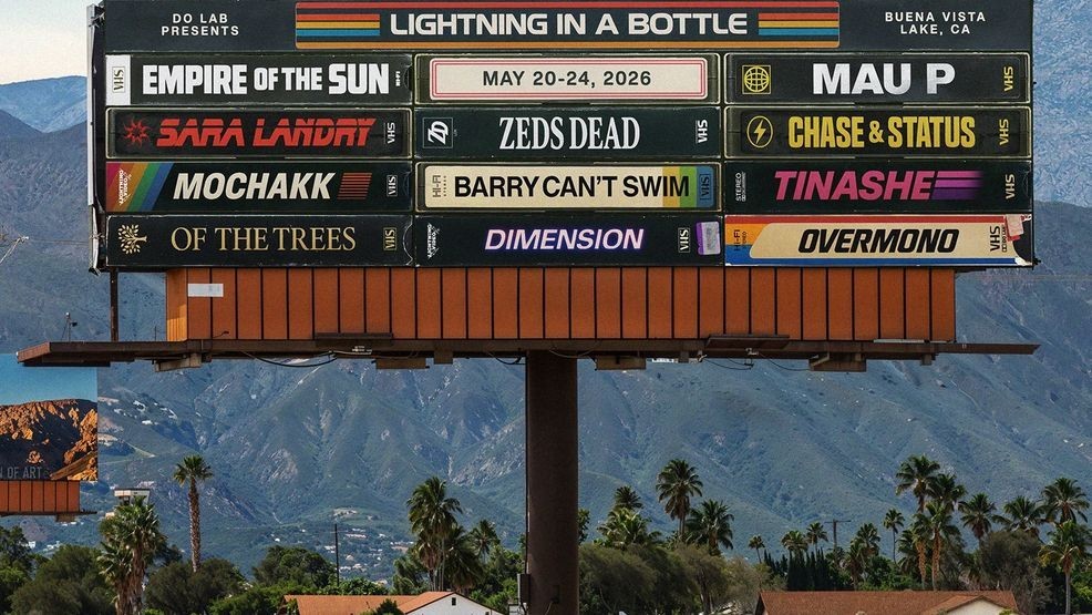 Billboard in the California desert displaying the 2026 Lightning in a Bottle lineup. (Facebook/Do Lab)