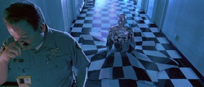 A police officer with a mustache is in the bottom left, scratching his nose with his finger. Behind him is a hallway with black and white checkered linoleum tile floors. In the middle of the floor a metallic figure of a man rises up, only visible from the waist up.