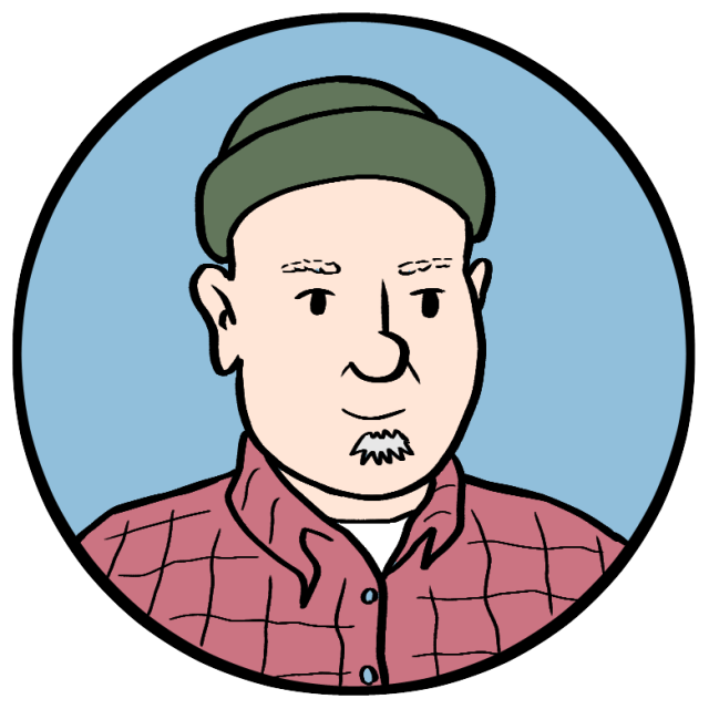 Cartoon illustration of a person wearing a green beanie and red plaid shirt, with light skin and a short goatee, inside a blue circular frame.