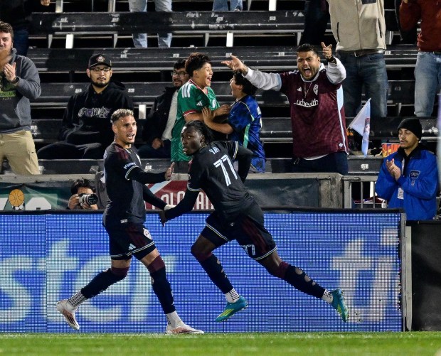 Darren Yapi #77 of the Colorado Rapids celebrates his first half goal with Rafael Navarro #9 during their 2026 Lamar Hunt U.S. Open Cup quarterfinals match against the San Jose Earthquakes at Dick's Sporting Goods Park on May 20, 2026 in Commerce City. (Photo by Dustin Bradford/Getty Images)