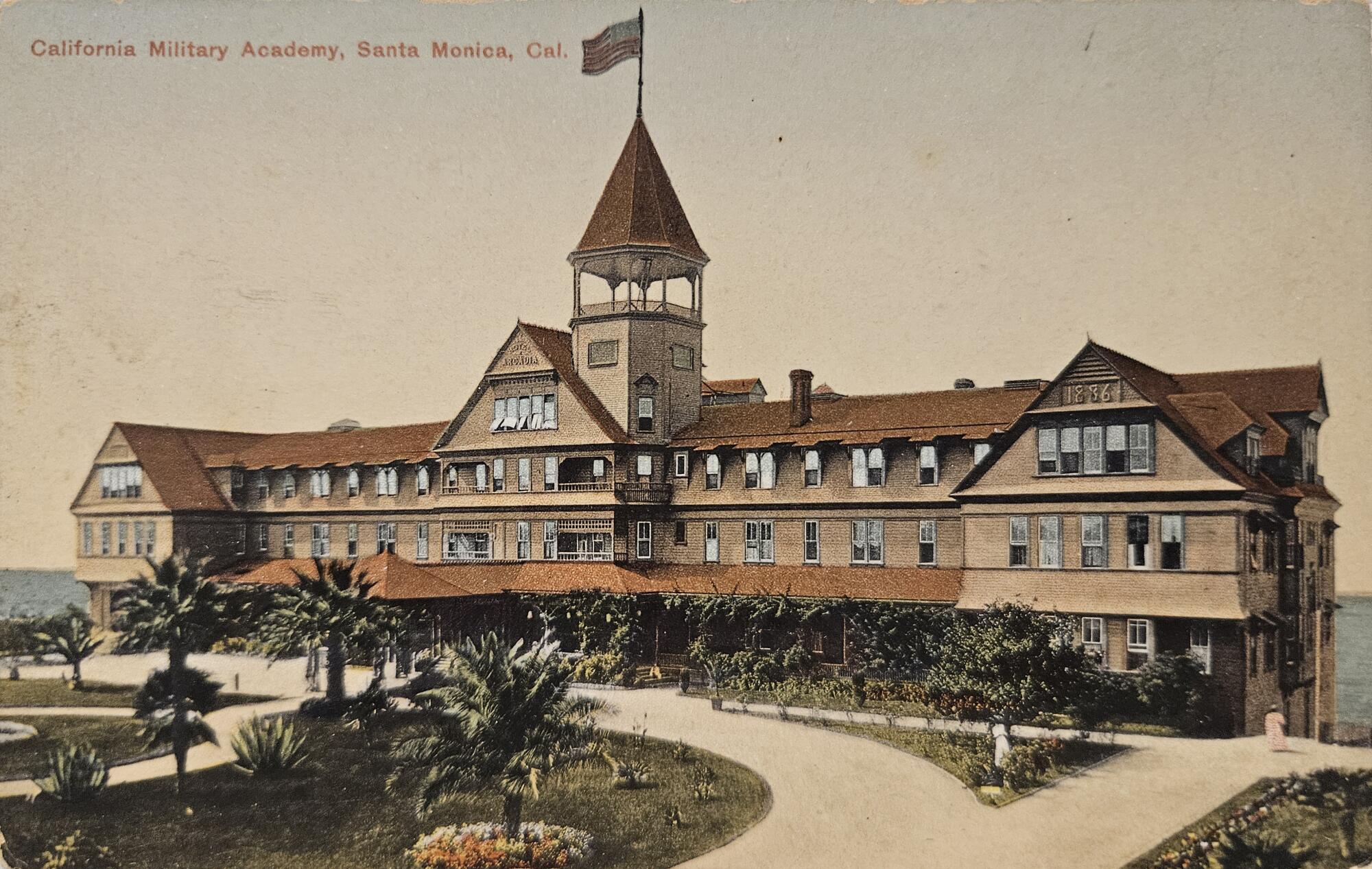 A postcard of the California Military Academy in Santa Monica.