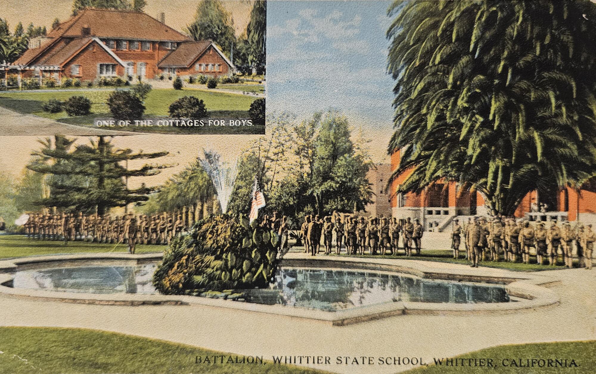 A postcard of Battalion, Whittier State School in Whittier.