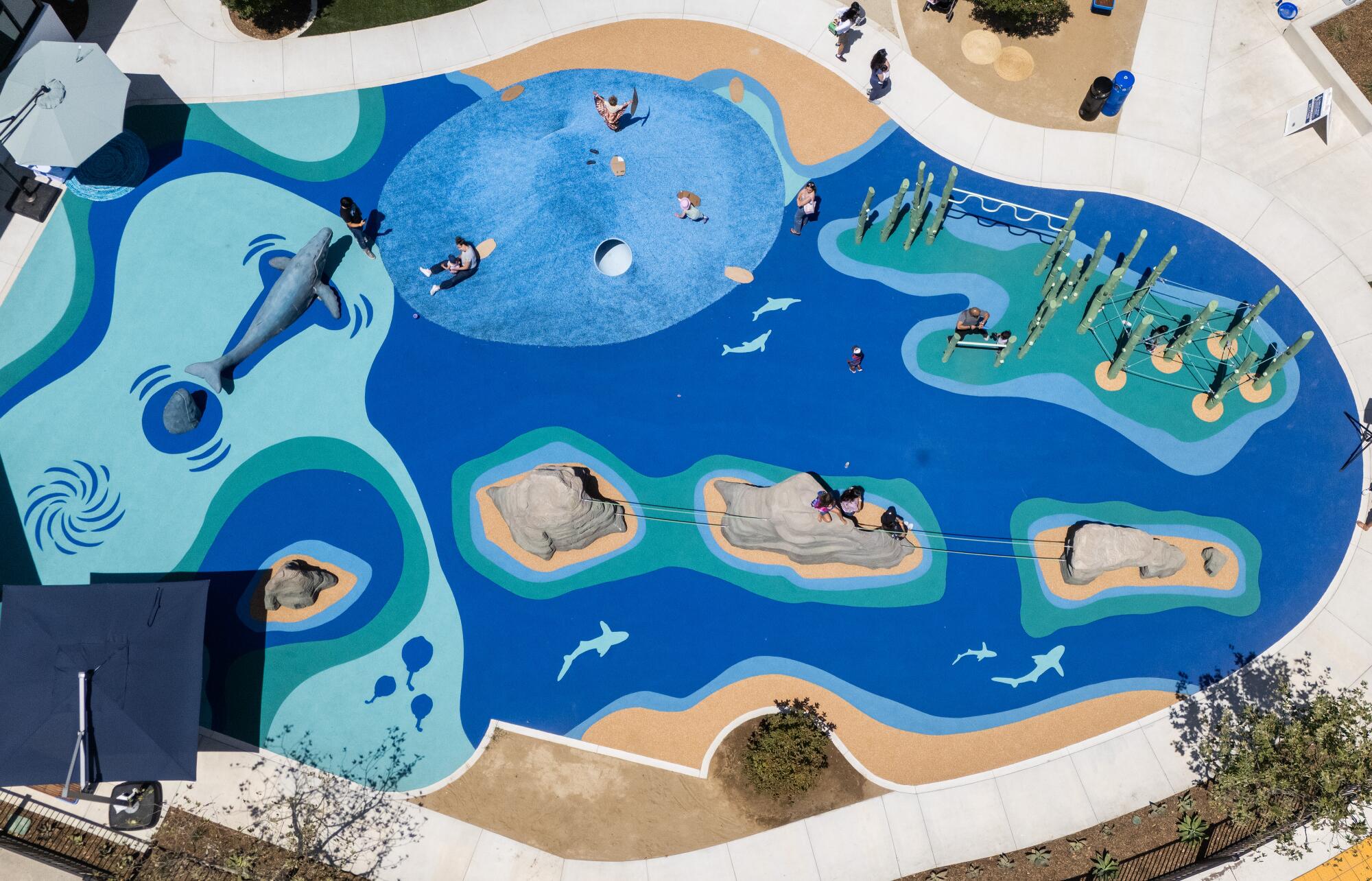 A drone view of the museum's Pacific Ocean and Channel Islands-themed play area.