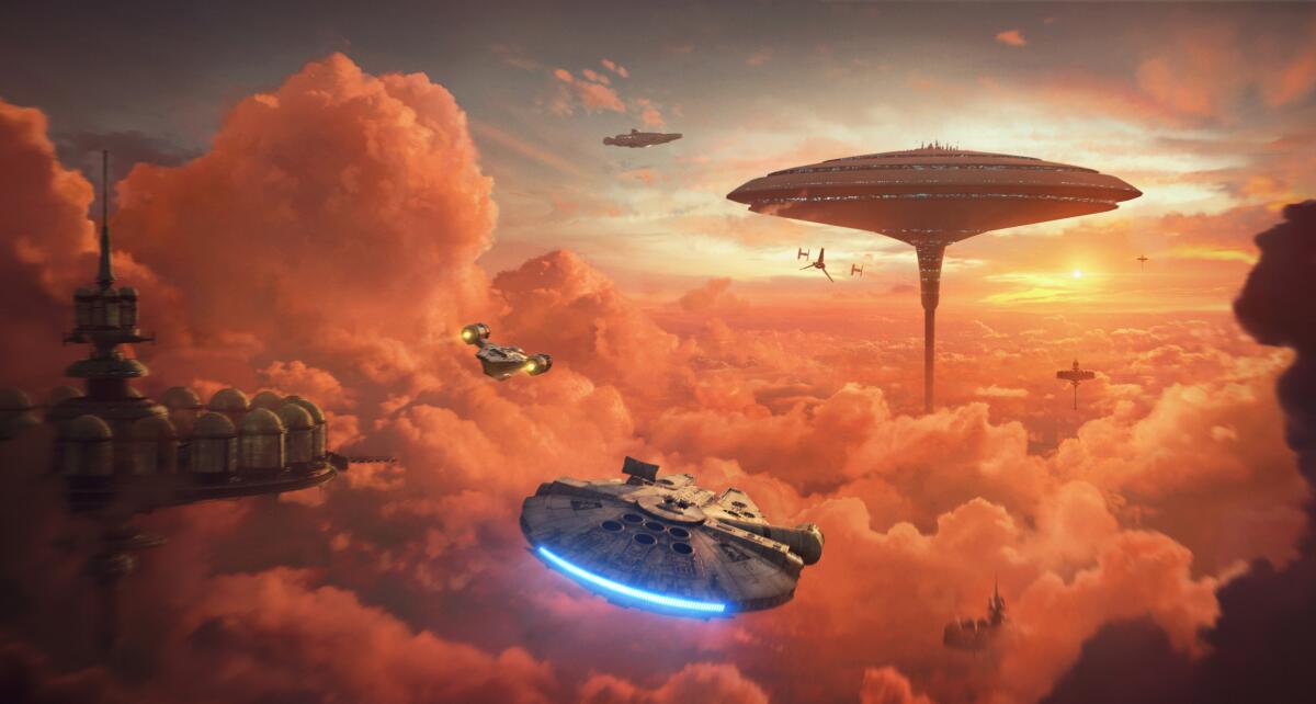 Concept art showing a ship soaring through a gas planet. 
