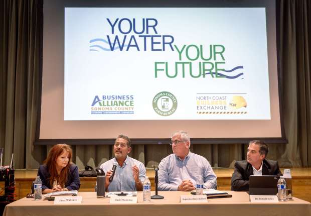 From left, PG&E Hydro Licensing Director Janet Walther, Sonoma County Supervisor David Rabbitt, Sonoma Water Division Manager David Manning and SSU Economics Professor Dr. Robert Eyler take questions Tuesday, July 1, 2025, at a Potter Valley Project town hall meeting at the Finley Center in Santa Rosa. (John Burgess / The Press Democrat)