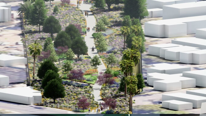 A digital rendering showing a park with various trees and plants from an arial view. People walk along a path that crosses down the park. White blocks representing buildings surround the park.