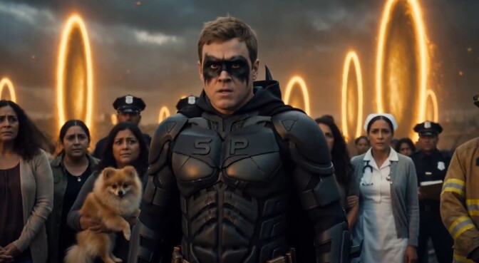 A man wearing a black batman costume and black paint around his eyes. A group of people stand behind him.