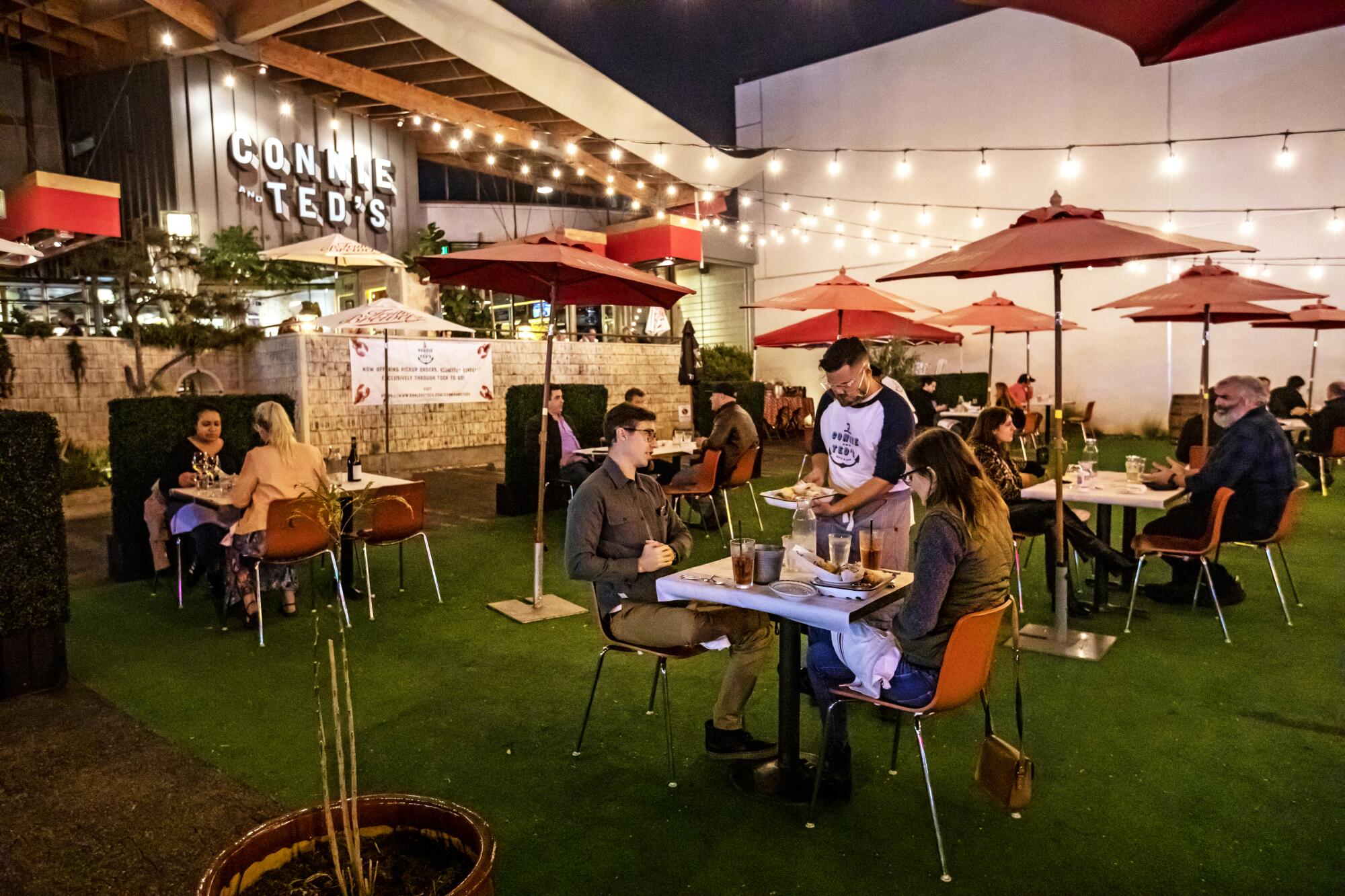 Connie & Ted's in October 2020, when the restaurant extended to the parking lot to accommodate pandemic-era outdoor dining.