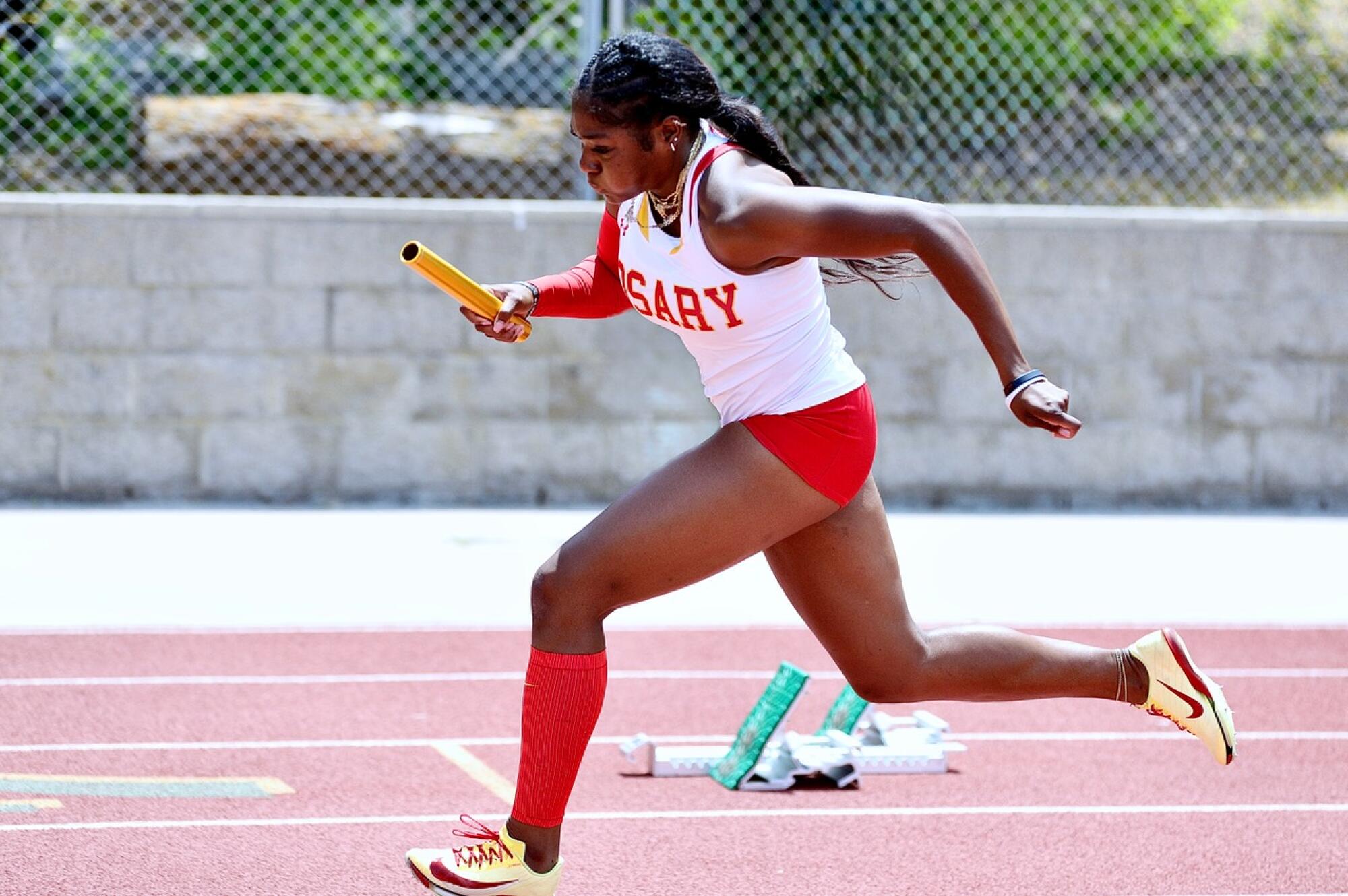 Tra’via Flournoy led off Rosary’s 4x100 relay, which won in 44.79 at the Masters Meet on Saturday in Moorpark.