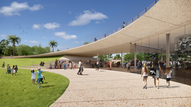 A digital rendering of a new outdoor amphitheater at the La Brea Tar Pits 