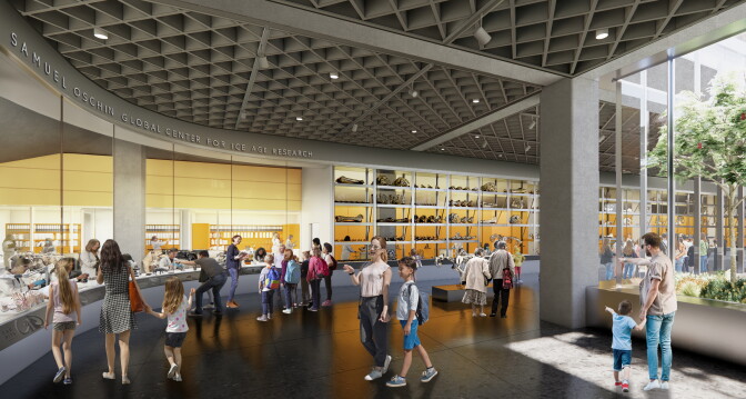 A digital rendering shows the future 'fish bowl' fossil lab at the La Brea Tar Pits.