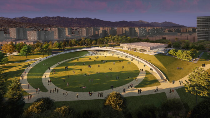 An aerial view rendering of the grounds at the updated La Brea Tar Pits. A large circular path with people walking on it. 