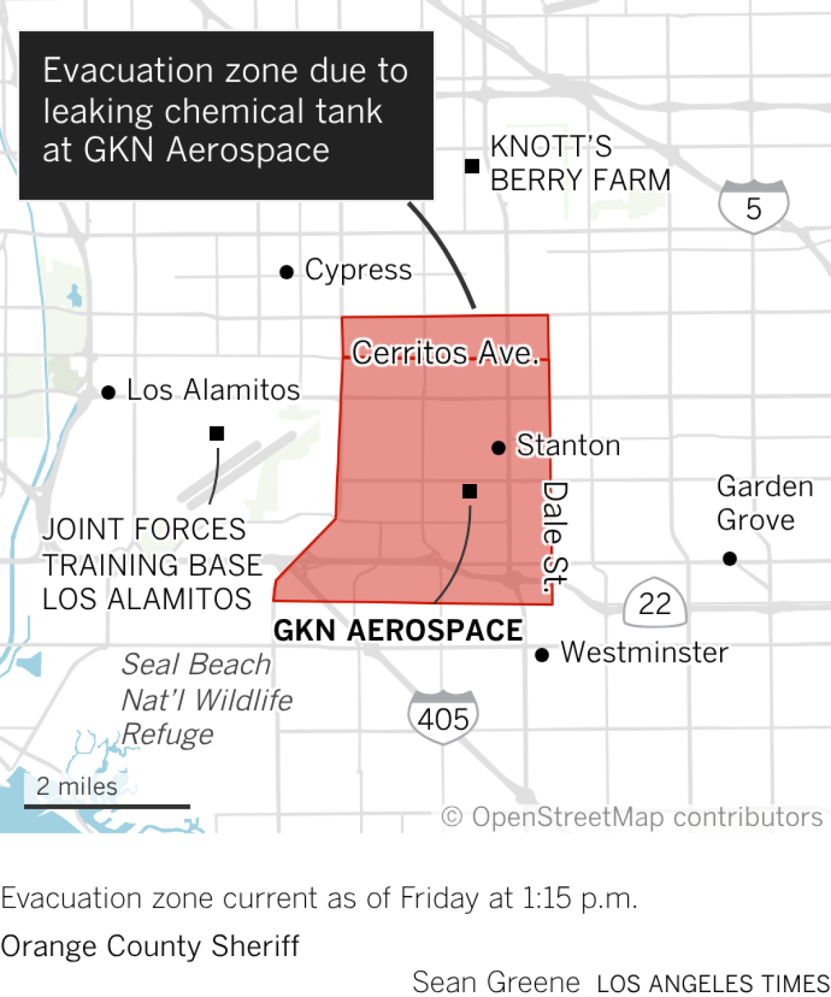 Map shows an evacuation zone in Stanton.