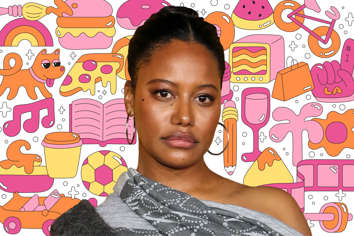 Photo of a person on a background of colorful illustrations like a book, dog, pizza, TV, shopping bag, and more