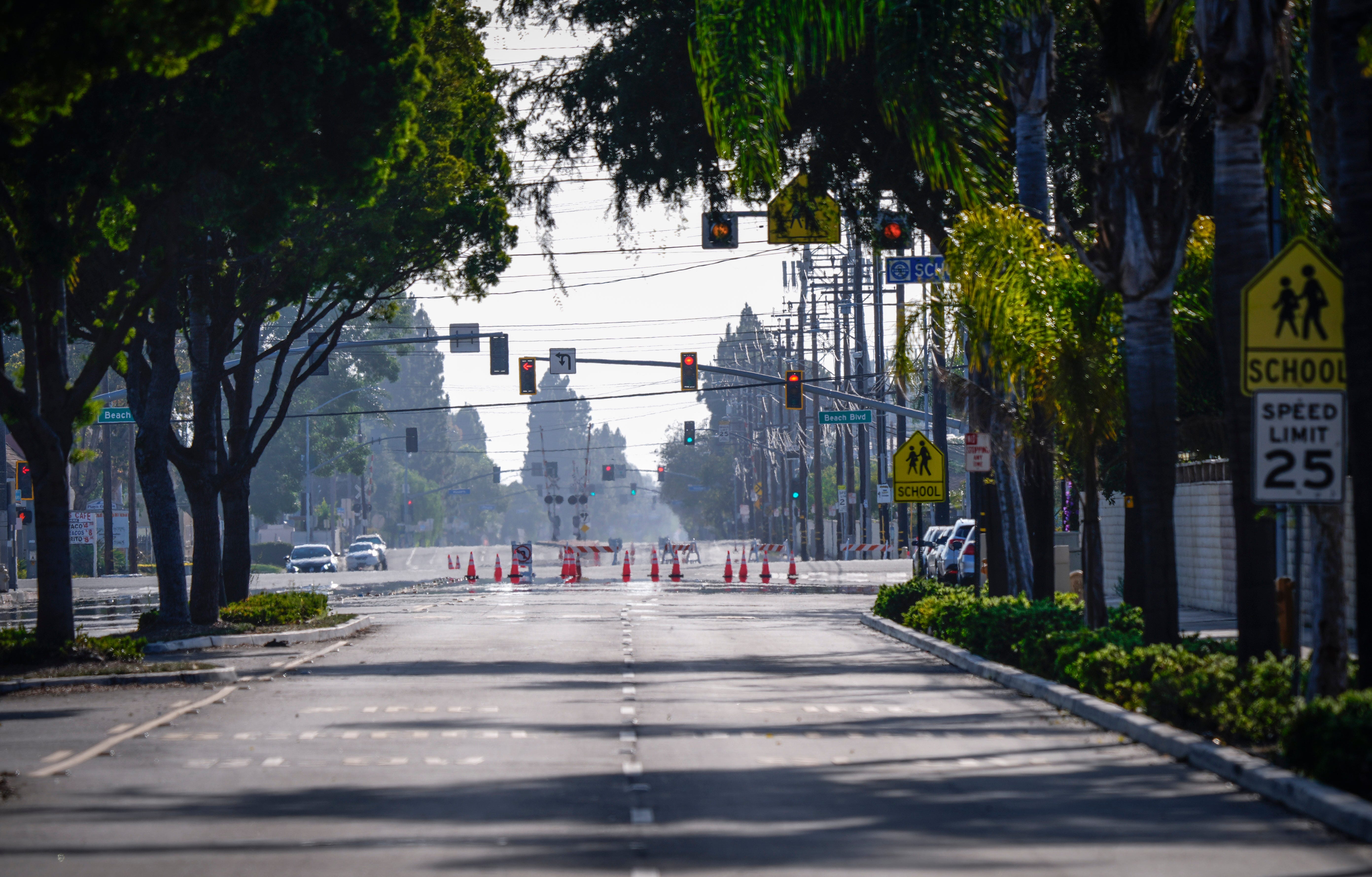 During rush hour inside the evacuation zone at West Chapman Avenue and Nearing Drive there was very little traffic due to the evacuation orders of the surrounding neighborhoods near the GKN Aerospace facility in Garden Grove, Calif., May 23, 2026.