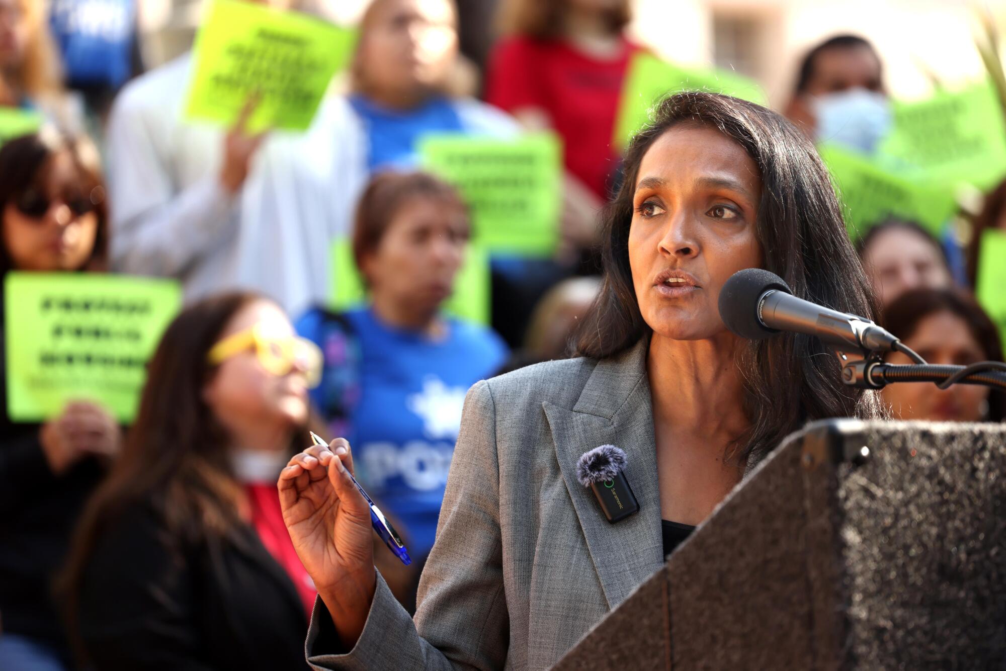 City Councilmember Nithya Raman at a press conference in March