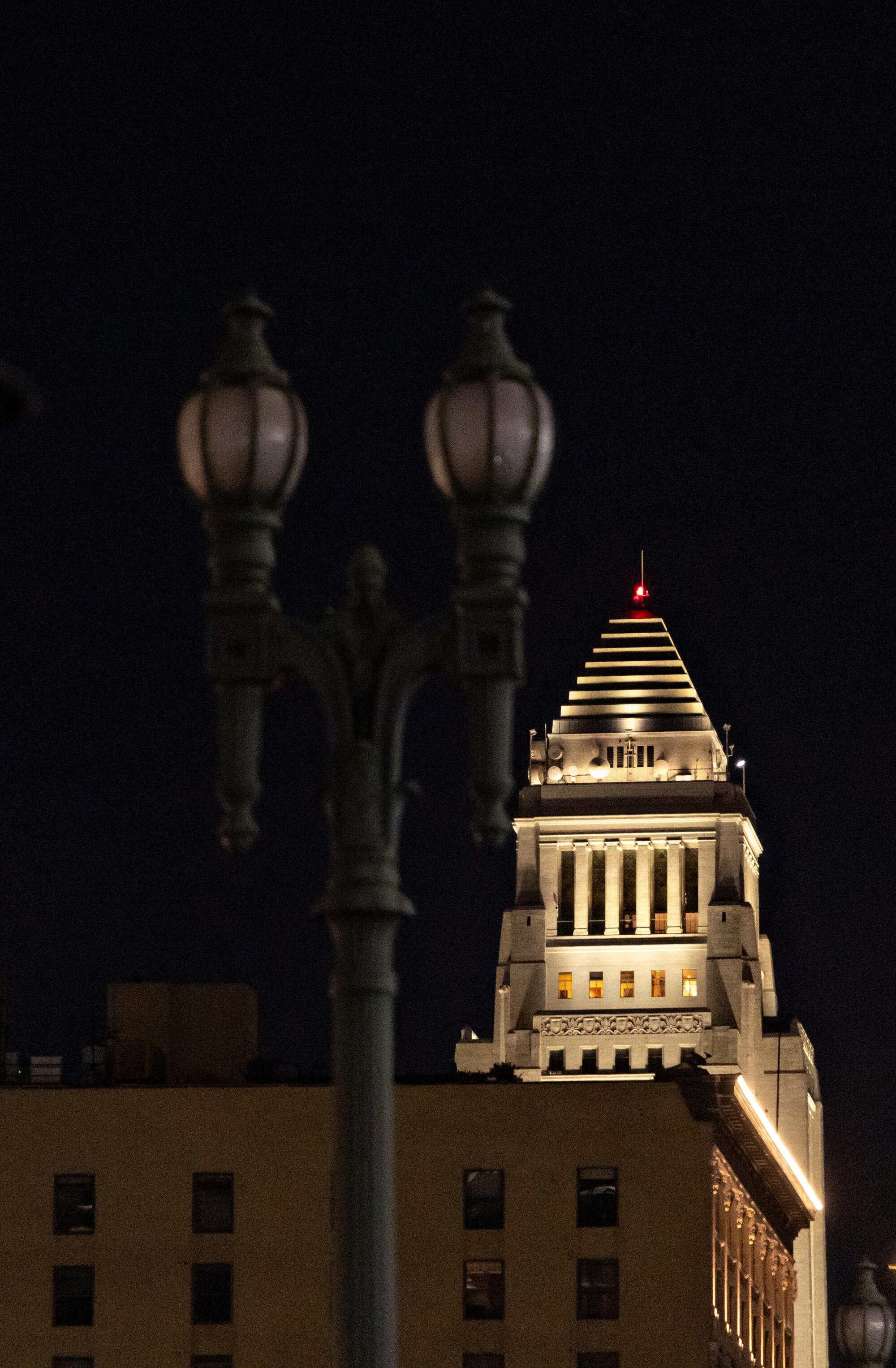 A view of City Hall from 4th and Main streets in downtown L.A.
