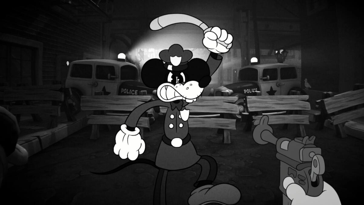 A toy-like gun is pointed at black and white vintage cartoon mouse in a police outfit. 