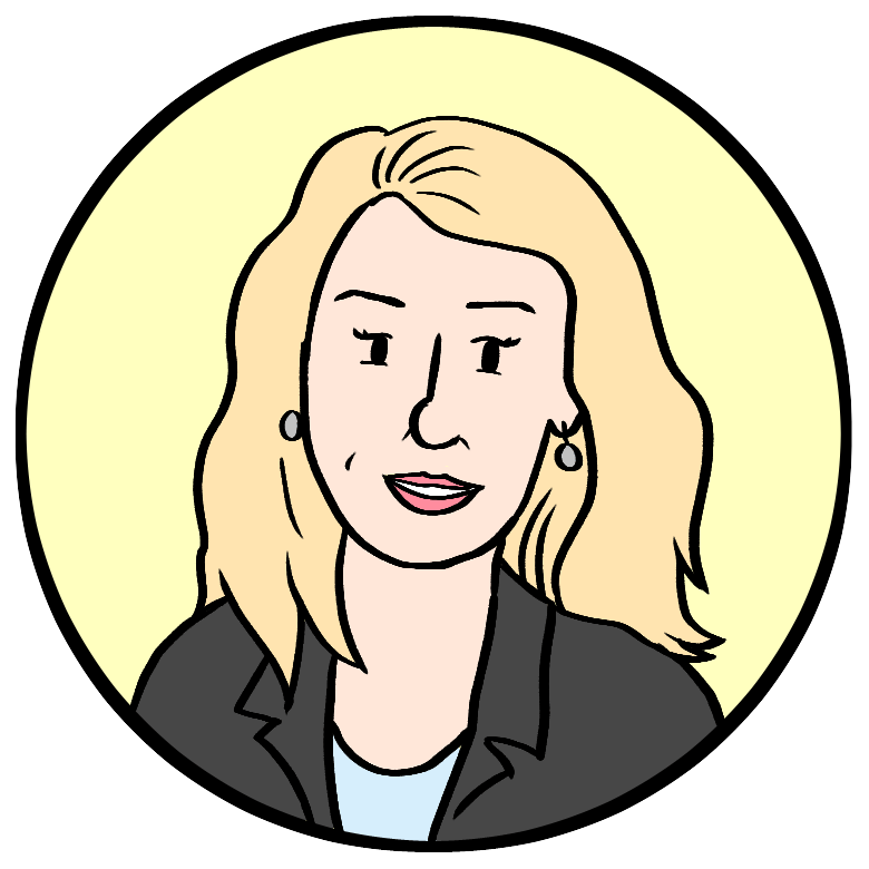 Cartoon illustration of a woman with long blonde hair, wearing a black blazer and light blue top, set against a blue circular background.