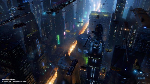 Concept art of a Coruscant destination created for Millennium Falcon: Smugglers Run in Star Wars: Galaxy's Edge at Disneyland. (Courtesy of Disneyland)