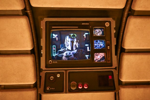 The Mandalorian and Grogu welcome riders to Millennium Falcon: Smugglers Run in Star Wars: Galaxy's Edge at Disneyland in Anaheim, CA, on Wednesday, May 20, 2026. The updated ride lets visitors pick from the three different destinations - Bespin (Cloud City), Endor (Wreckage of the second Death Star) or Coruscant (The city-planet) - and appearances by The Mandalorian and Grogu. (Photo by Jeff Gritchen, Orange County Register/SCNG)