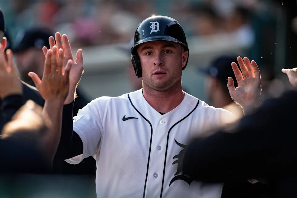 Detroit Tigers third baseman Colt Keith (33) celebrates scoring a runs in the dugout against Los Angeles Angels during the first inning at Comerica Park in Detroit on Wednesday, May 27, 2026.
