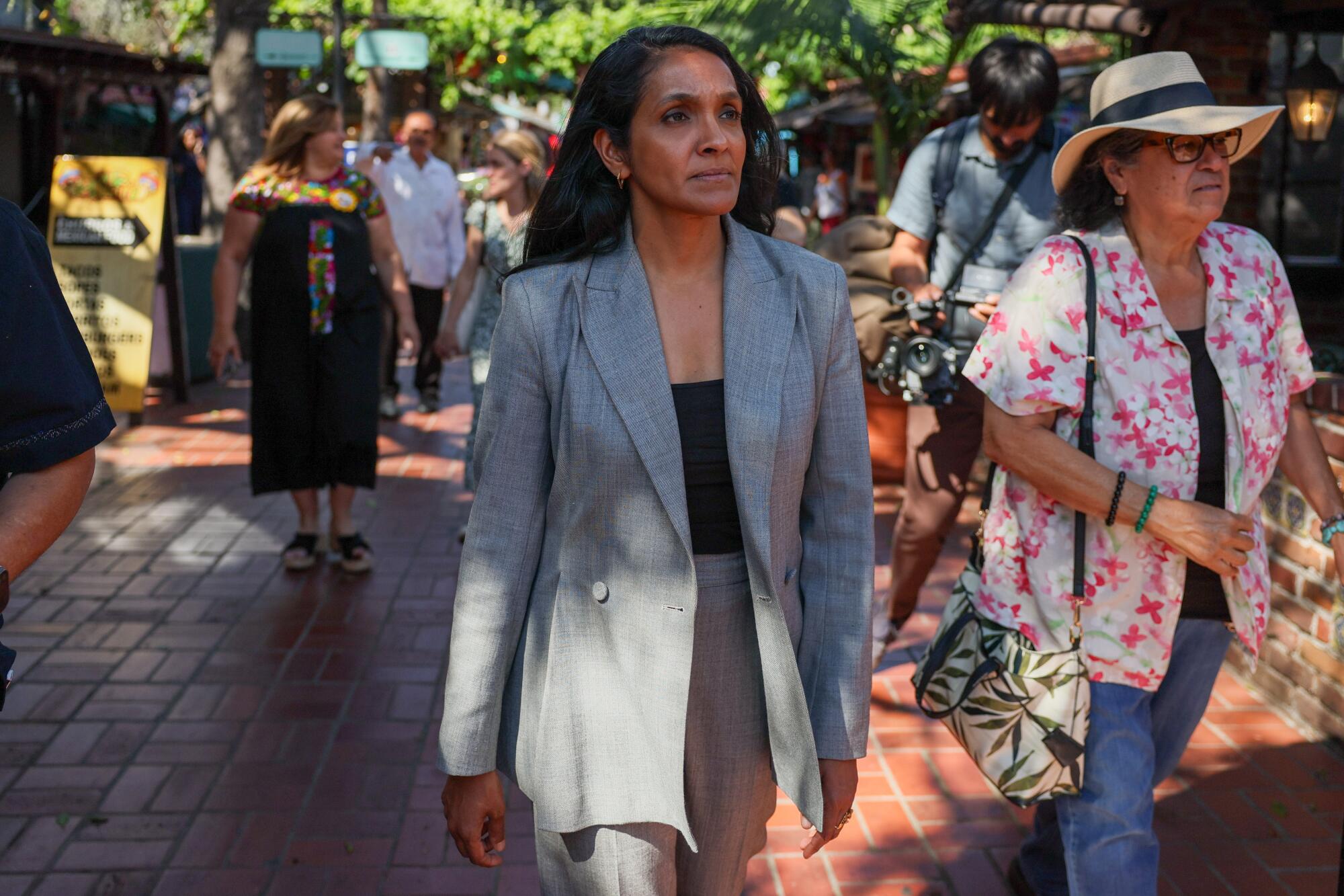 Los Angeles mayoral candidate Nithya Raman walks down Olvera Street