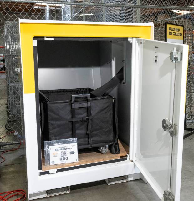 The inside of a ballot drop box is displayed at the Orange County Registrar of Voters in Santa Ana on Wednesday, May 27, 2026. (Photo by Paul Bersebach, Orange County Register/SCNG)