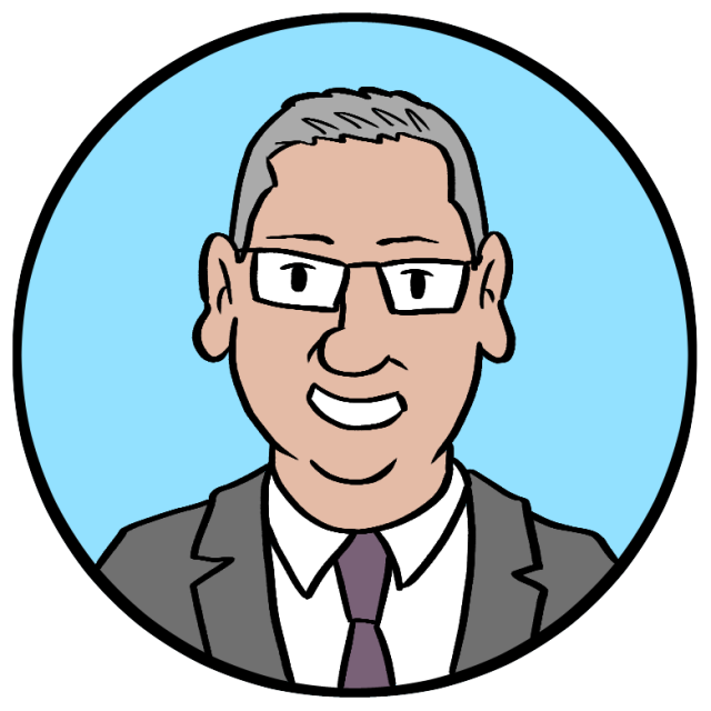 Cartoon illustration of a man with short gray hair, glasses, and a suit with a tie, smiling against a blue circular background.