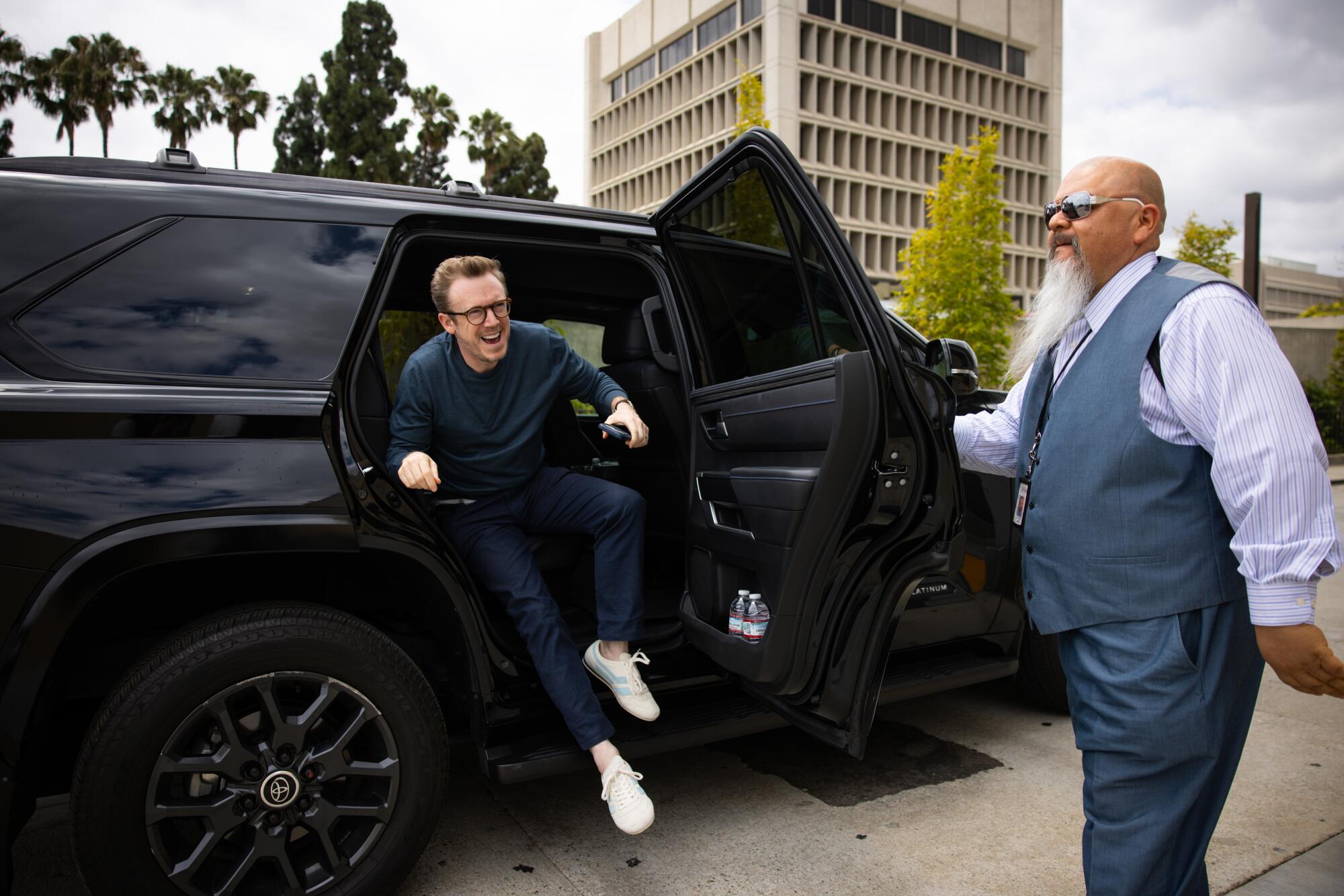 Daniel Harding arrives at the Judith and Thomas L. Beckmen YOLA Center.