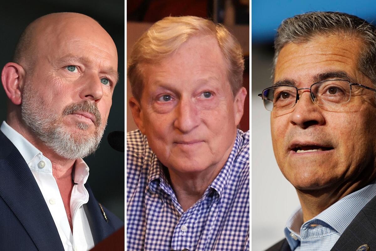 From left; Steve Hilton; Tom Steyer; and Xavier Becerra.