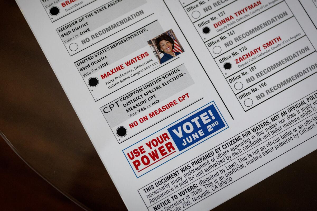 Rep. Maxine Waters' slate mailer.